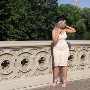 Oh Polly Ruched Midi Dress in Cream